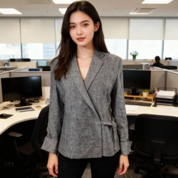 Vintage Womens Linen Wrap Blazer Sz L Gray Lined Office Smart  Adjustable - Picture 1 of 9